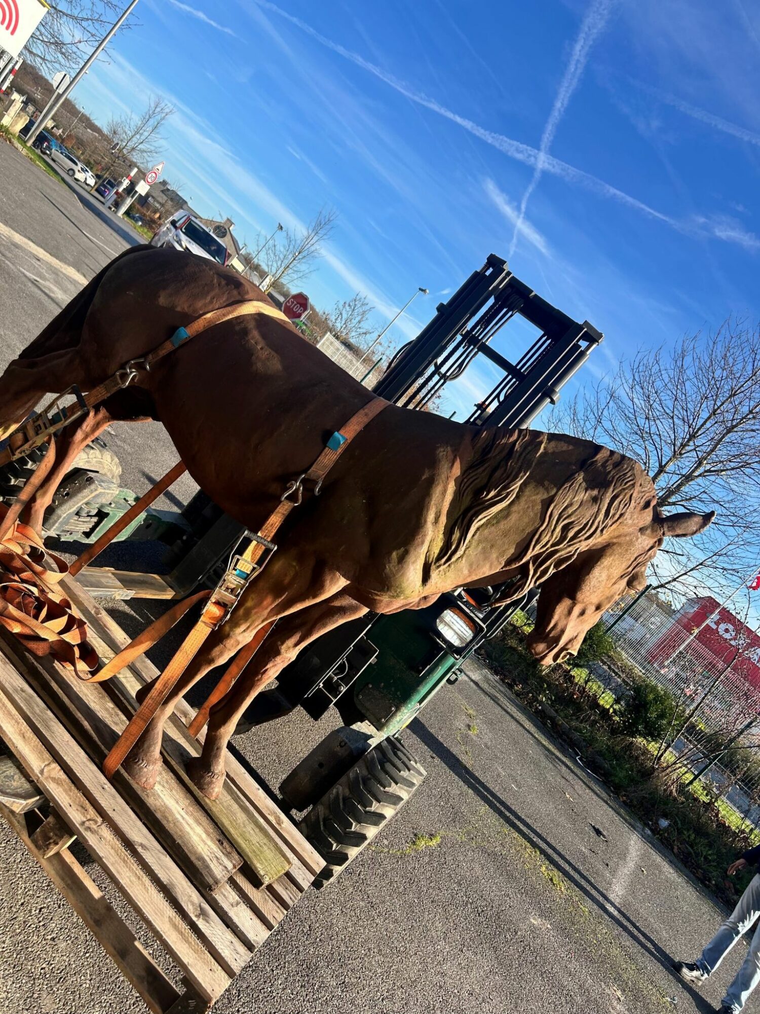 Livraison avec chariot embarqué d'un cheval dans un restaurant